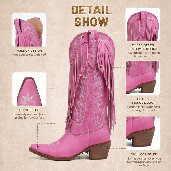 Women's Pink Fringe Knee High Cowgirl Western Boots with Embroidery Pointed Toe - Picture 6 of 6